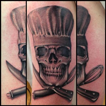 Tim Mcevoy - black and grey skull with chef hat and knife, Tim McEvoy Art Junkies Tattoo